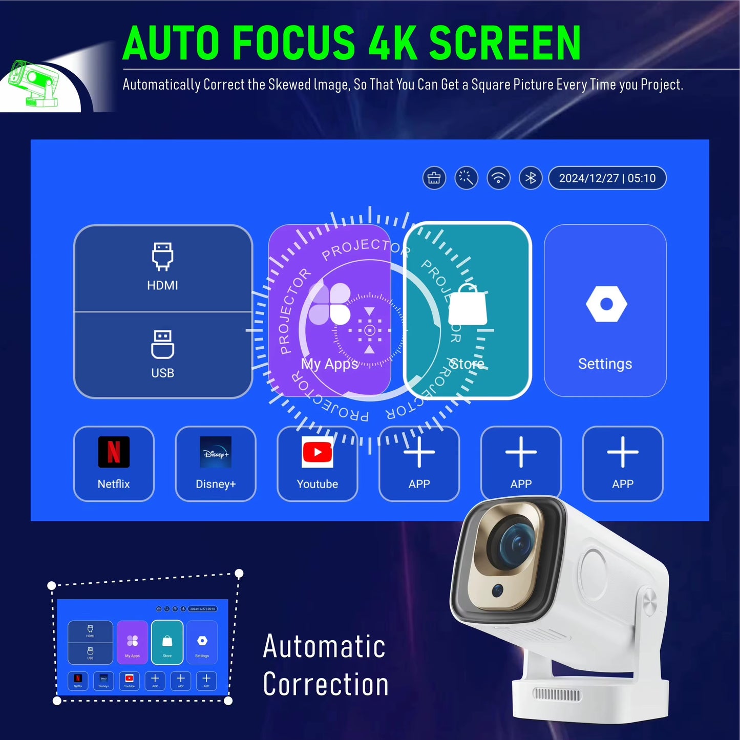 Smart Projector HY260 PRO Android 11 Projector 4K Native 1080P Auto Focus Native 330ANSI Dual Wifi BT5.4