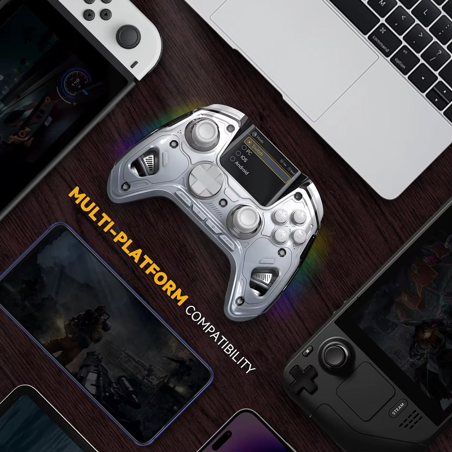 Interactive Wireless Gaming Controller: Hall Effect Stick, RGB Light, 1800Mah, Charging Dock for Switch/Pc/Ios/Android