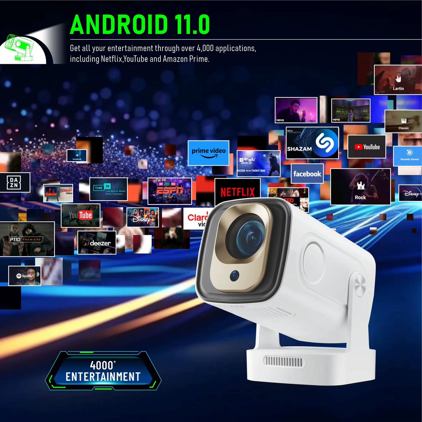 Smart Projector HY260 PRO Android 11 Projector 4K Native 1080P Auto Focus Native 330ANSI Dual Wifi BT5.4