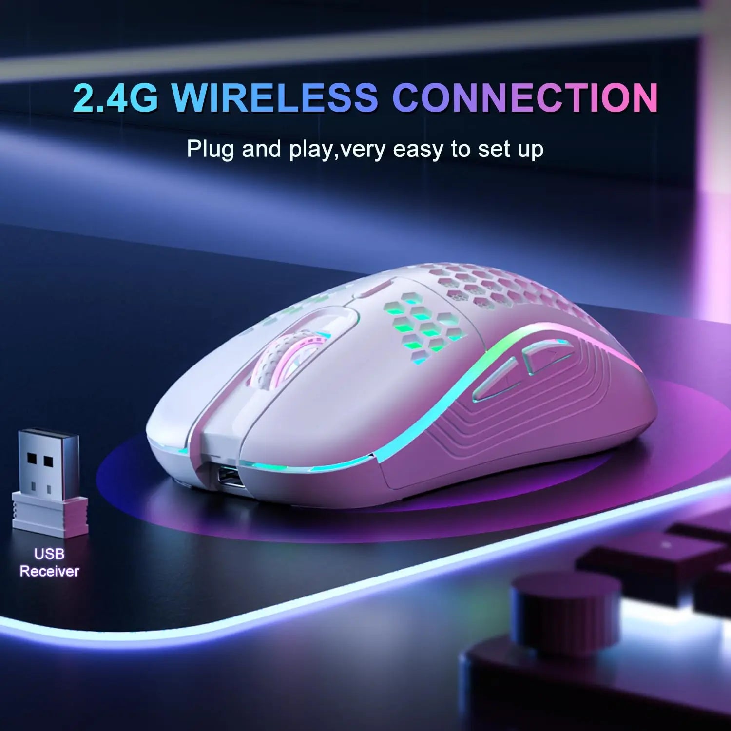 2.4G Wireless RGB Lighting Charging Mouse with Adjustable DPI Ergonomic Honeycomb