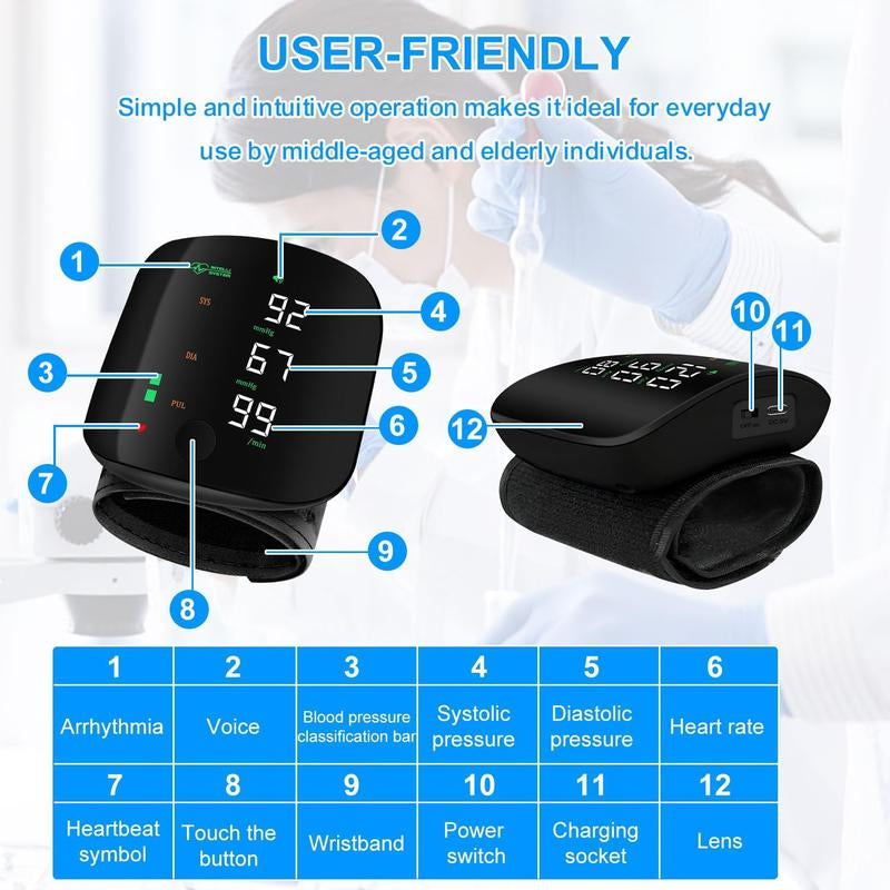 Wrist Blood Pressure Monitor, Rechargeable Monitor for Home Use with Digital Large Display