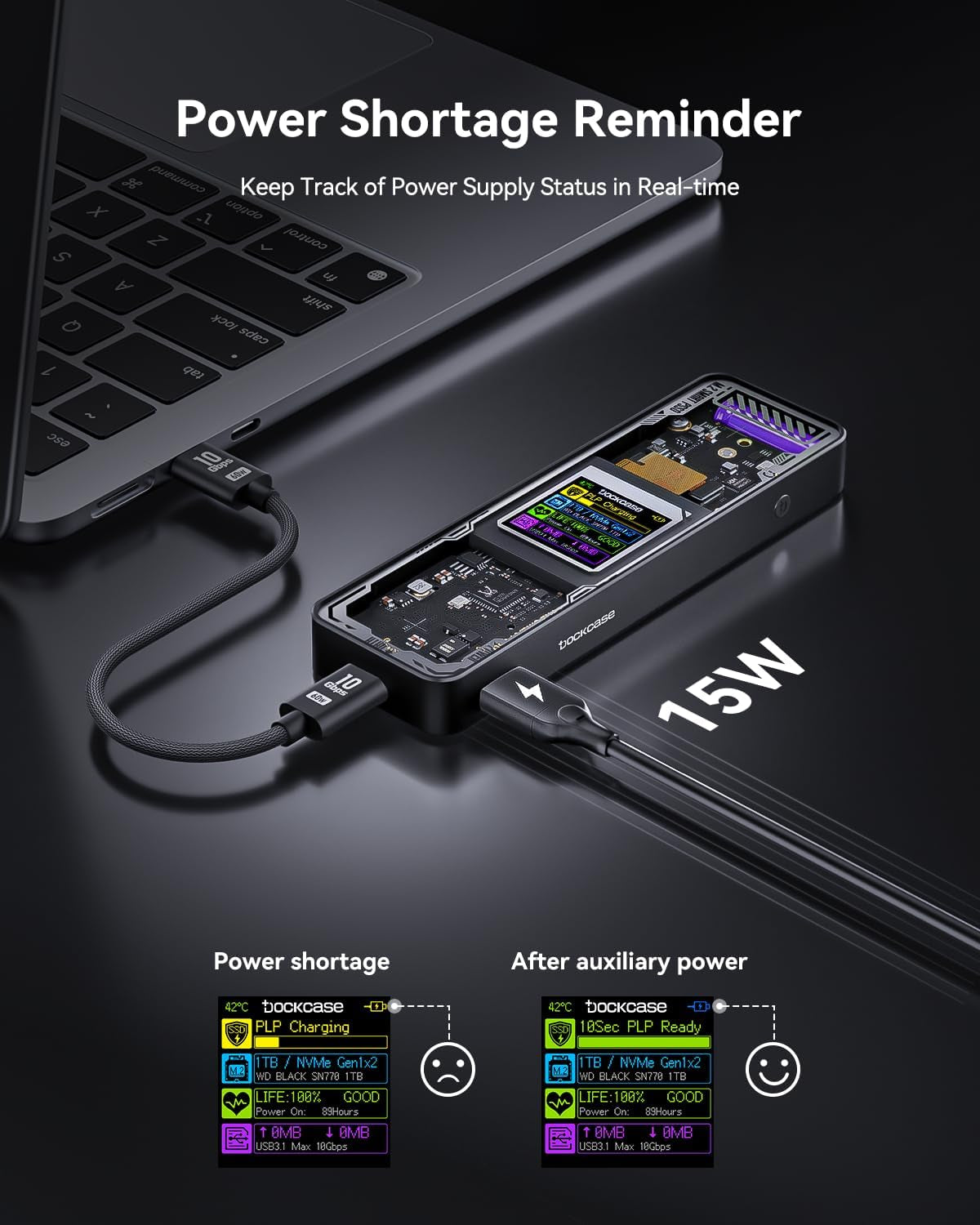 Explorer Edition Smart SSD Enclosure -10S Power Loss Protection, Nvme M.2 Enclosure Real-Time SSD Health Detection, Dual Type-C Ports USB-C 3.2 (10Gbps) 