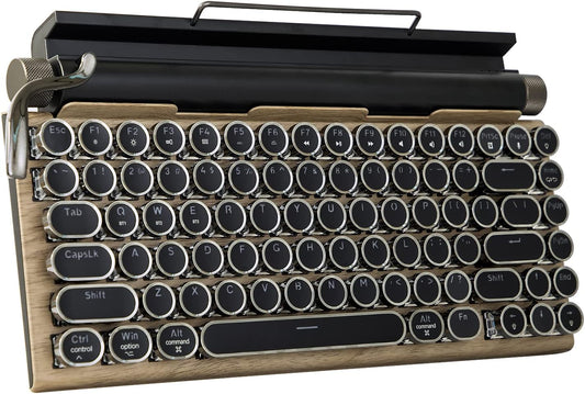 Typewriter-Style Retro Mechanical Keyboard ,83 Keys Bluetooth 5.0 Blue Axis Wood Color Panel 