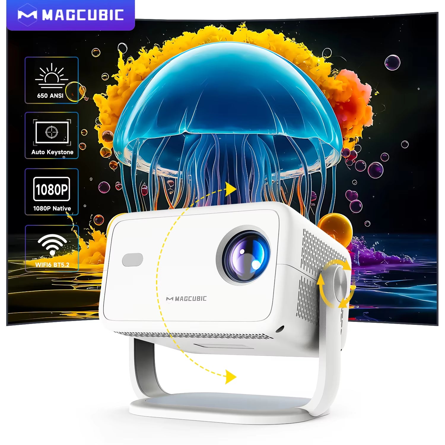 Native 1080P 650ANSI 4K Android 11 L018 360° Projector with Auto Keystone Focus Air Mouse Wifi6 BT5.2 Portable 