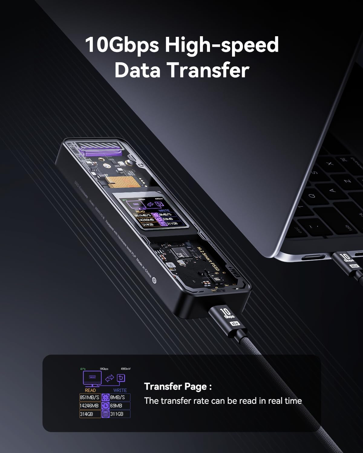 Explorer Edition Smart SSD Enclosure -10S Power Loss Protection, Nvme M.2 Enclosure Real-Time SSD Health Detection, Dual Type-C Ports USB-C 3.2 (10Gbps) 